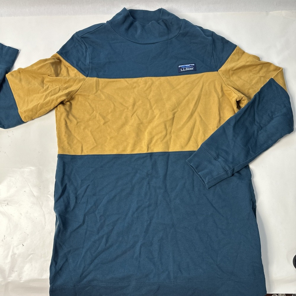 LL Bean Women's Mock Neck Tunic Shirt Dress W/Side Zips Size Medium Blue/Yellow